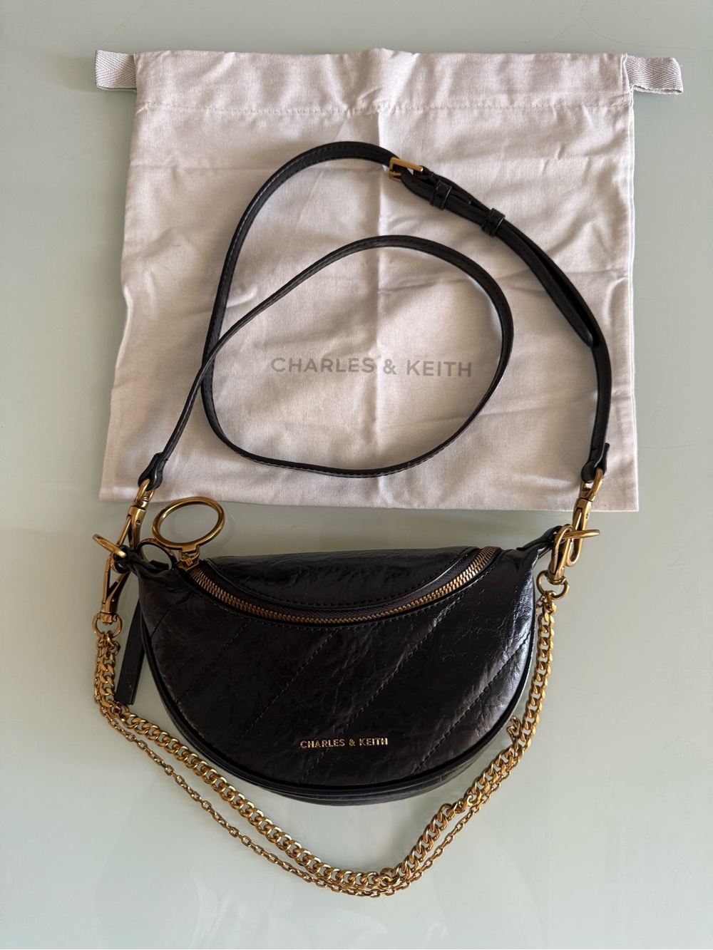 Charles & Keith Philomena Half Moon Shoulder Bag Wrinkled Effect Deep Olive
